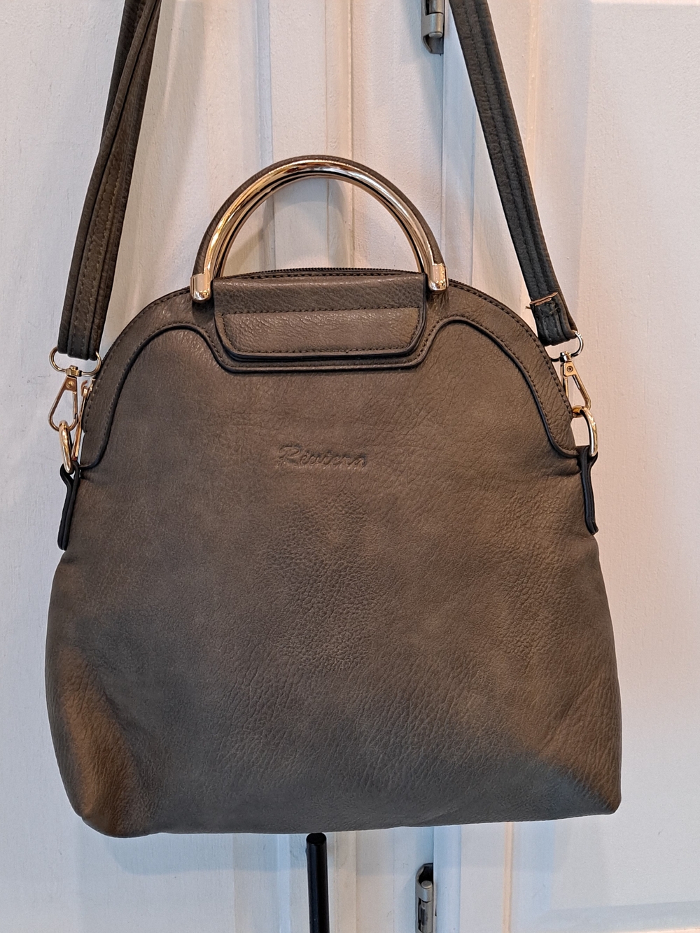 Riviera Olive Green Gray Vegan Leather Top-Handle Satchel Gold Accents Bucket